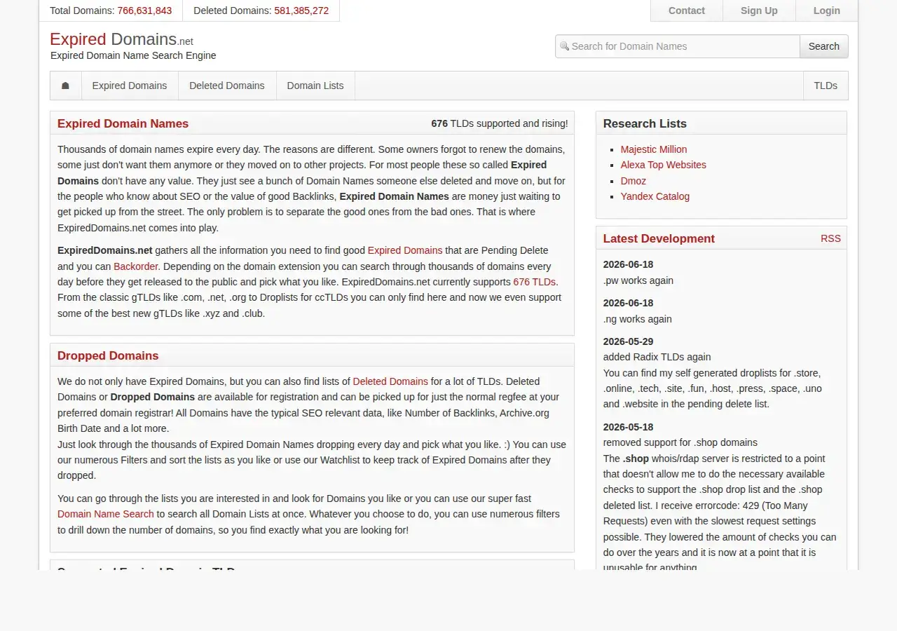 ExpiredDomains.net homepage with counters showing 766 million total and 581 million deleted domains, navigation for the expired and deleted sections, and a sidebar of research lists